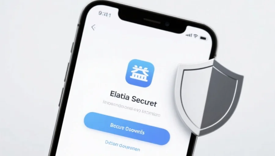 一部现代智能手机屏幕上显示安信16应用的安全下载界面，旁边有安全盾牌图标，背景简洁