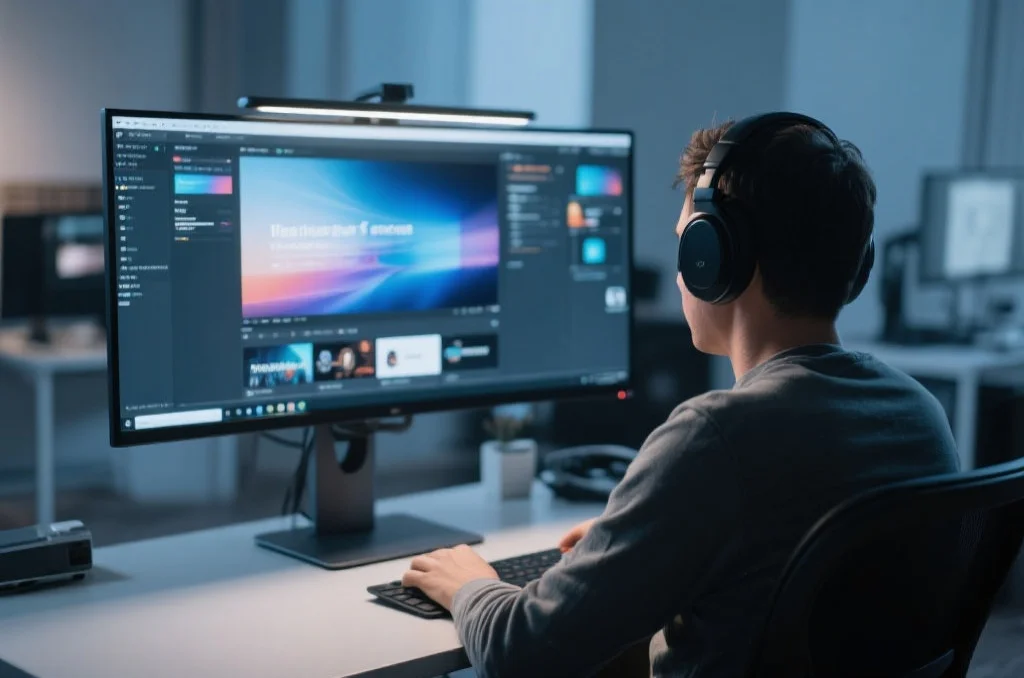 用户在桌面电脑上享受安信16的沉浸式娱乐体验